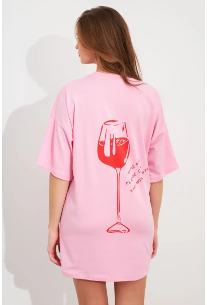 Kadın Pembe Oversize Pijama T-Shirt TPG14