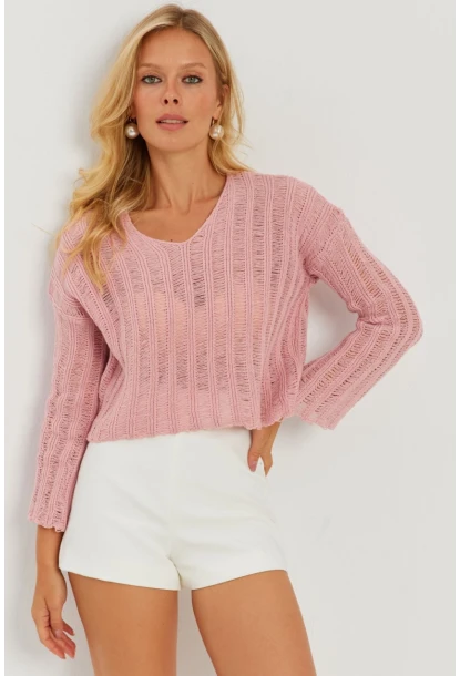 Kadın Pembe V Yaka Ajurlu Triko Bluz YV233