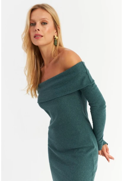 Kadın Petrol Madonna Yaka Kaşkorse Maxi Elbise HOL1