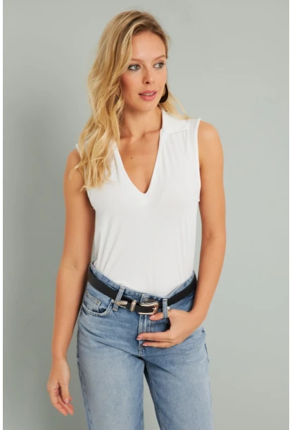 Kadın Polo Yaka Bluz Beyaz AYD276