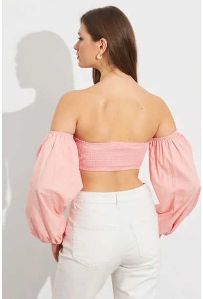 Kadın Pudra Balon Kol Crop Bluz ROP111