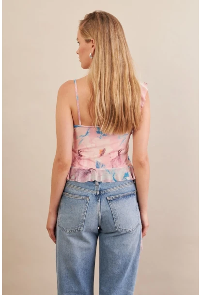 Kadın Pudra Desenli Fırfırlı Şifon Bluz FS033