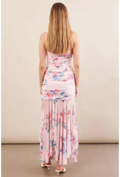 Kadın Pudra Drapeli Straplez Midi Tül Elbise ERL101