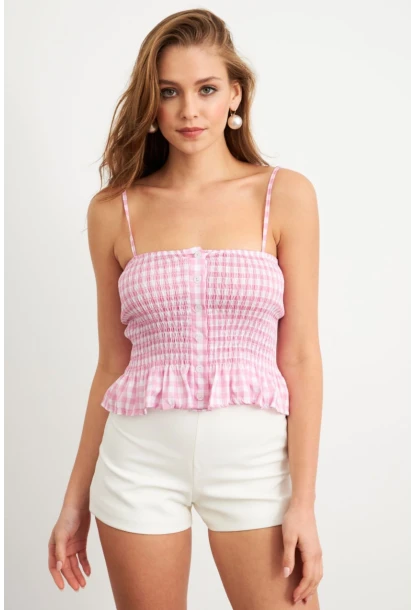 Kadın Pudra Ekose Lastikli Crop Bluz MTK13397