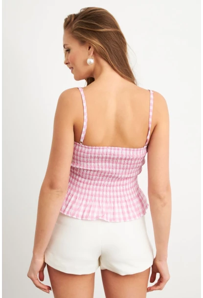 Kadın Pudra Ekose Lastikli Crop Bluz MTK13397