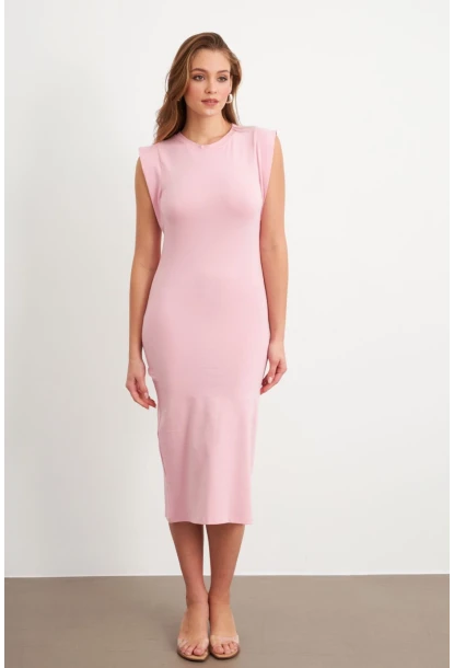 Kadın Pudra Kolsuz Basic Midi Elbise FLU7109
