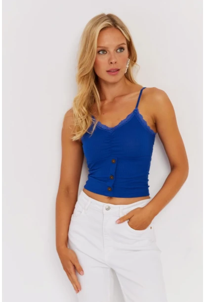 Kadın Saks Askılı Dantelli Bluz MK03-90