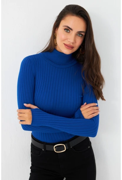 Kadın Saks Balıkçı Yaka Triko Bluz YV102-90