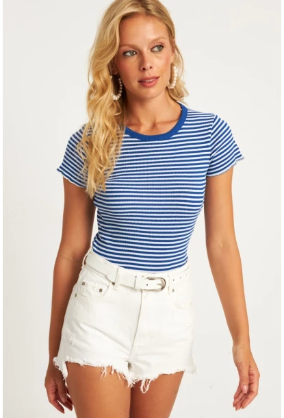Kadın Saks-Beyaz Çizgili Bluz XL2005
