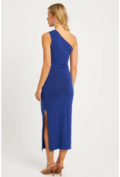 Kadın Saks Büzgülü Yırtmaçlı Midi Elbise MON134