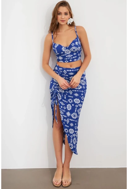 Kadın Saks Büzülebilir Etekli Takım LİT1048