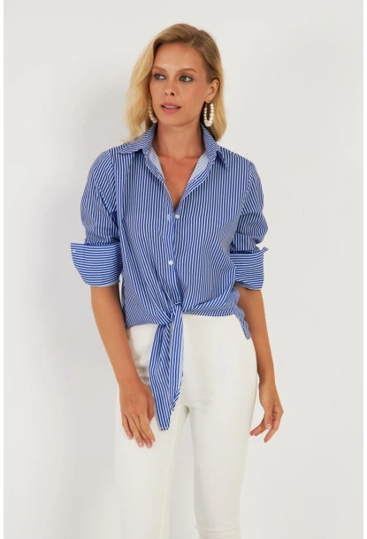 Kadın Saks Çizgili Gömlek ZER408