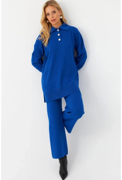 Kadın Saks İnci Düğmeli Triko Alt Üst Takım MNUV33