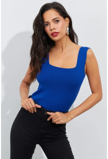 Kadın Saks Kare Yaka Triko Bluz YV87