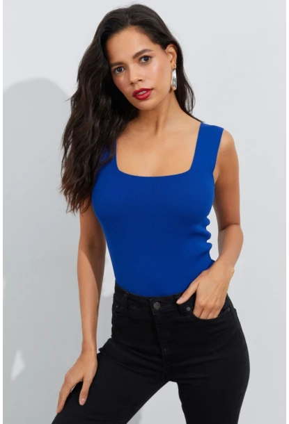 Kadın Saks Kare Yaka Triko Bluz YV87