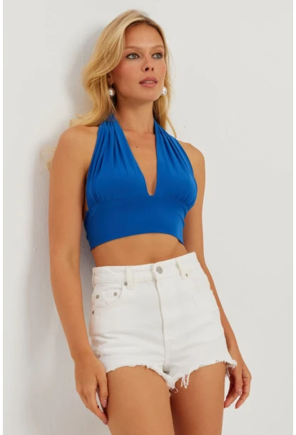 Kadın Saks Multi Bağlamalı Crop Bluz LPP1280