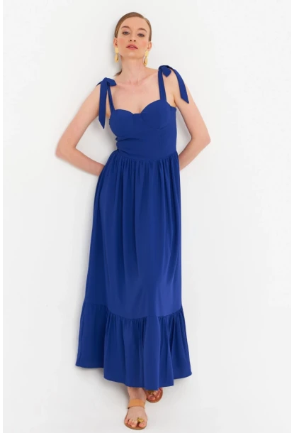 Kadın Saks Pileli Maxi Elbise ERL100