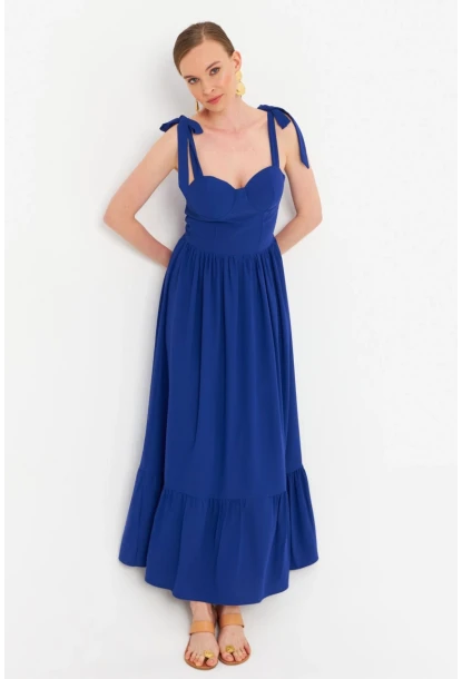 Kadın Saks Pileli Maxi Elbise ERL100