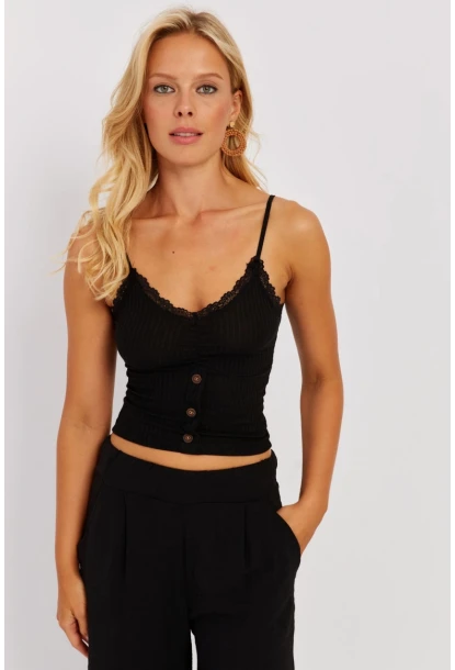 Kadın Saks-Siyah Askılı Dantelli Bluz MK07