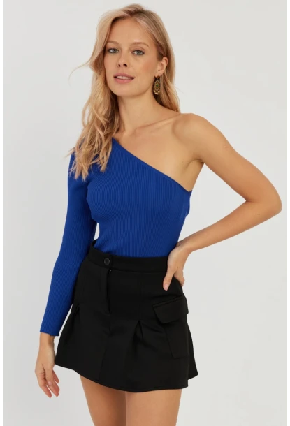 Kadın Saks Tek Omuz Triko Bluz YV204