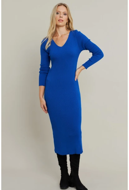 Kadın Saks V Yaka Triko Midi Elbise YİL560