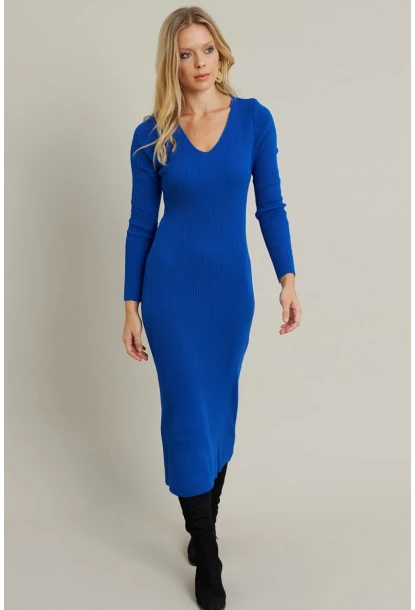 Kadın Saks V Yaka Triko Midi Elbise YİL560