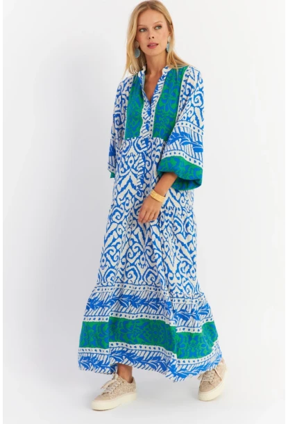 Kadın Saks-Yeşil Volanlı Maxi Elbise MALO11