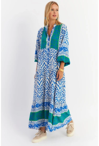 Kadın Saks-Yeşil Volanlı Maxi Elbise MALO11