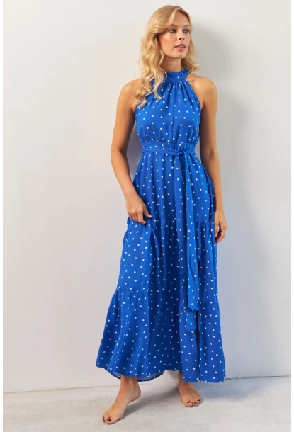 Kadın Saks Yırtmaçlı Puantiyeli Midi Elbise KED4233