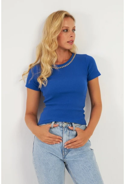 Kadın Saks Zincir Aksesuarlı Bluz XL2020