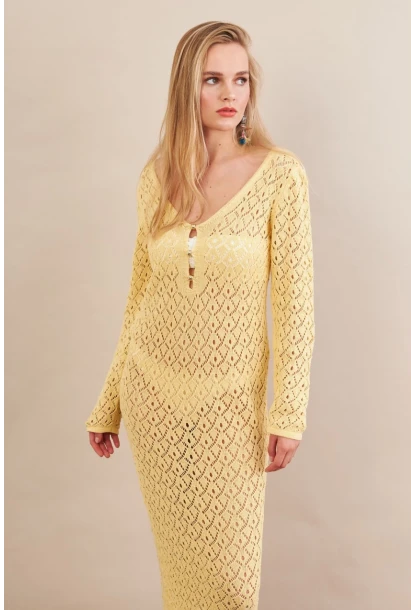 Kadın Sarı Aksesuarlı Triko Plaj Elbisesi KZ3237-90