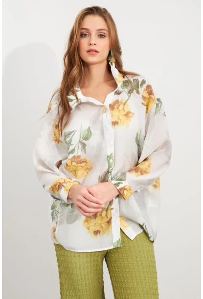 Kadın Sarı Çiçek Desenli İnce Keten Gömlek MCAR1068