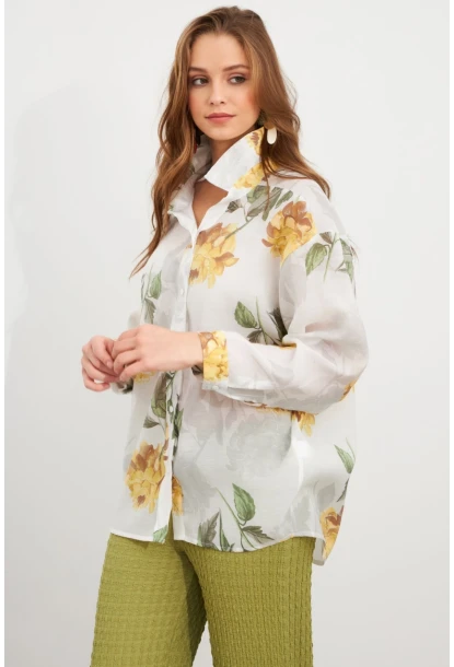 Kadın Sarı Çiçek Desenli İnce Keten Gömlek MCAR1068
