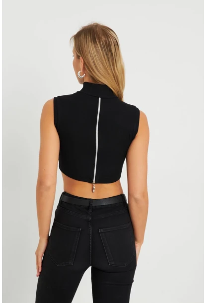 Kadın Sırt Fermuarlı Crop Bluz Siyah EY2730