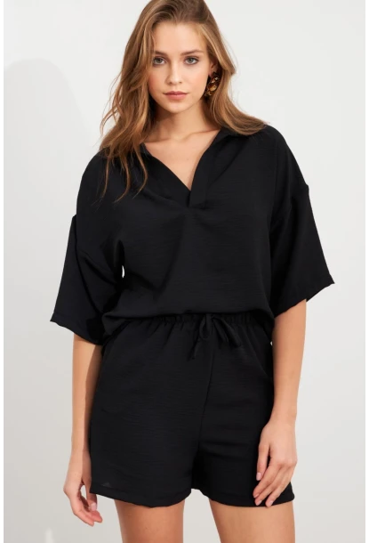 Kadın Siyah Aerobin Şort Takım Q1005