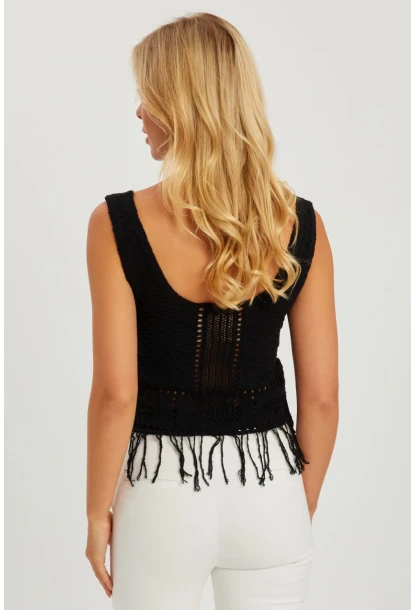 Kadın Siyah Ajurlu Püsküllü Triko Bluz YV228