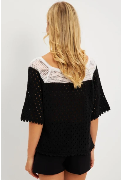 Kadın Siyah Ajurlu Triko Bluz YV230