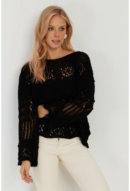 Kadın Siyah Ajurlu Triko Bluz YZ620