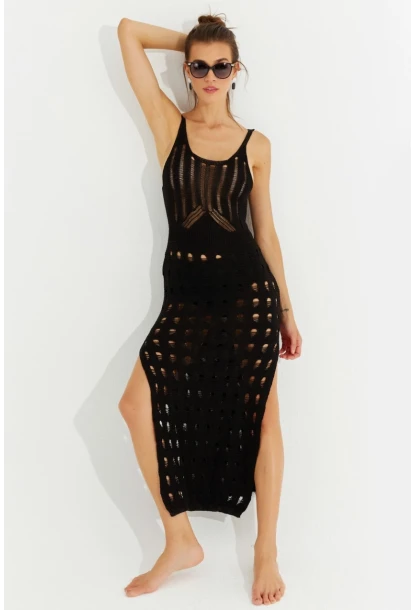 Kadın Siyah Ajurlu Triko Maxi Elbise SF2504