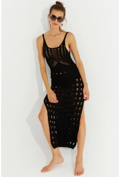 Kadın Siyah Ajurlu Triko Maxi Elbise SF2504