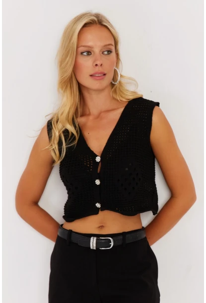 Kadın Siyah Ajurlu Triko Yelek YZ627