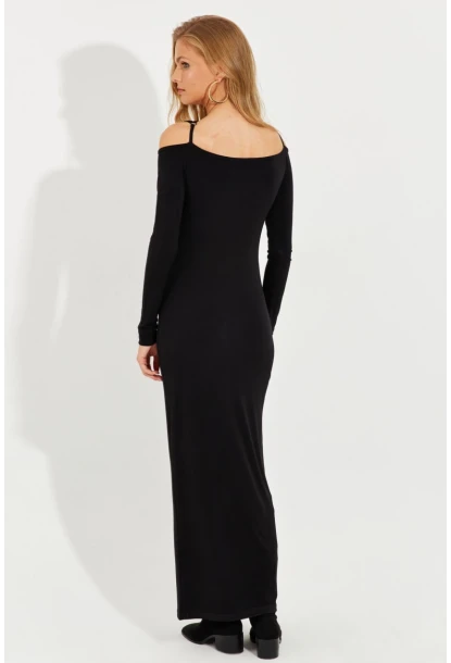 Kadın Siyah Aksesuar Detaylı Midi Elbise MEN2016