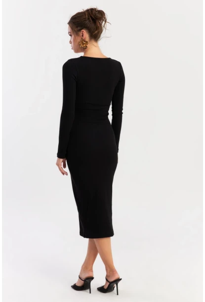 Kadın Siyah Aksesuarlı Kaşkorse Midi Elbise RLO75