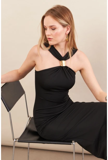 Kadın Siyah Aksesuarlı Midi Elbise İRE101