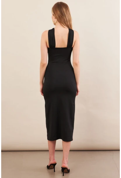 Kadın Siyah Aksesuarlı Midi Elbise İRE101