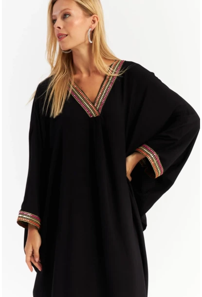 Kadın Siyah Aksesuarlı Şeritli Maxi Elbise ALO12