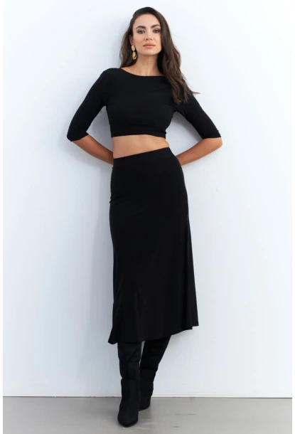 Kadın Siyah Alt Üst Crop Etek Takım ELT3844