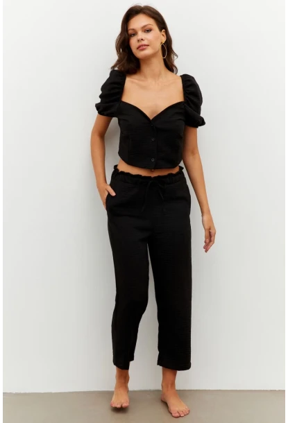 Kadın Siyah Alt-Üst Keten Takım PP7440