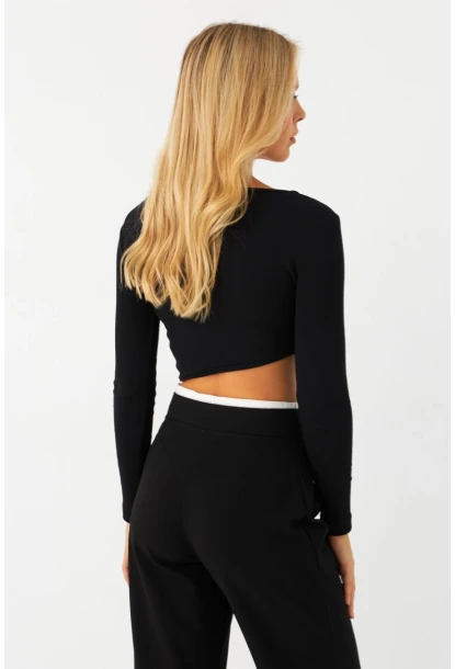 Kadın Siyah Asimetrik Crop Bluz EY2997