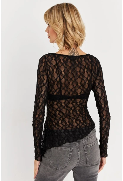 Kadın Siyah Asimetrik Dantel Bluz FS9830